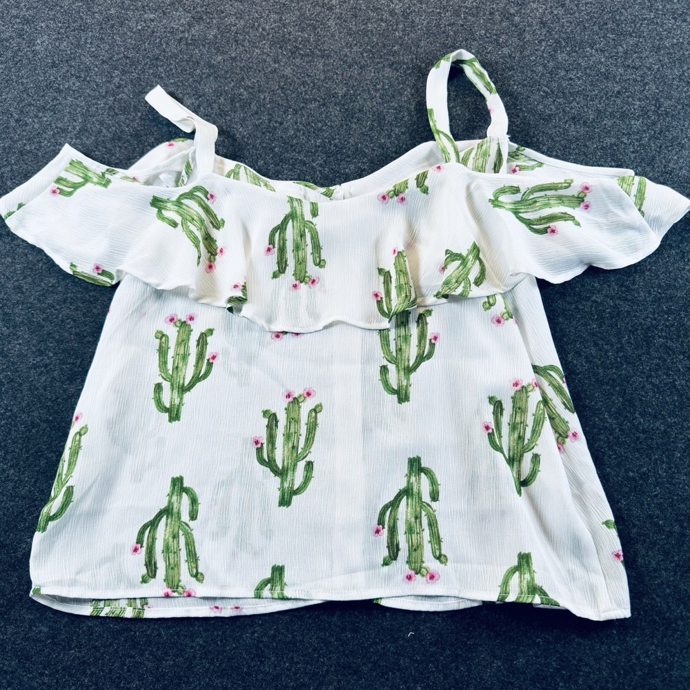 Lily White Cactus Print White Button Up Blouse Large - Picture 2 of 6
